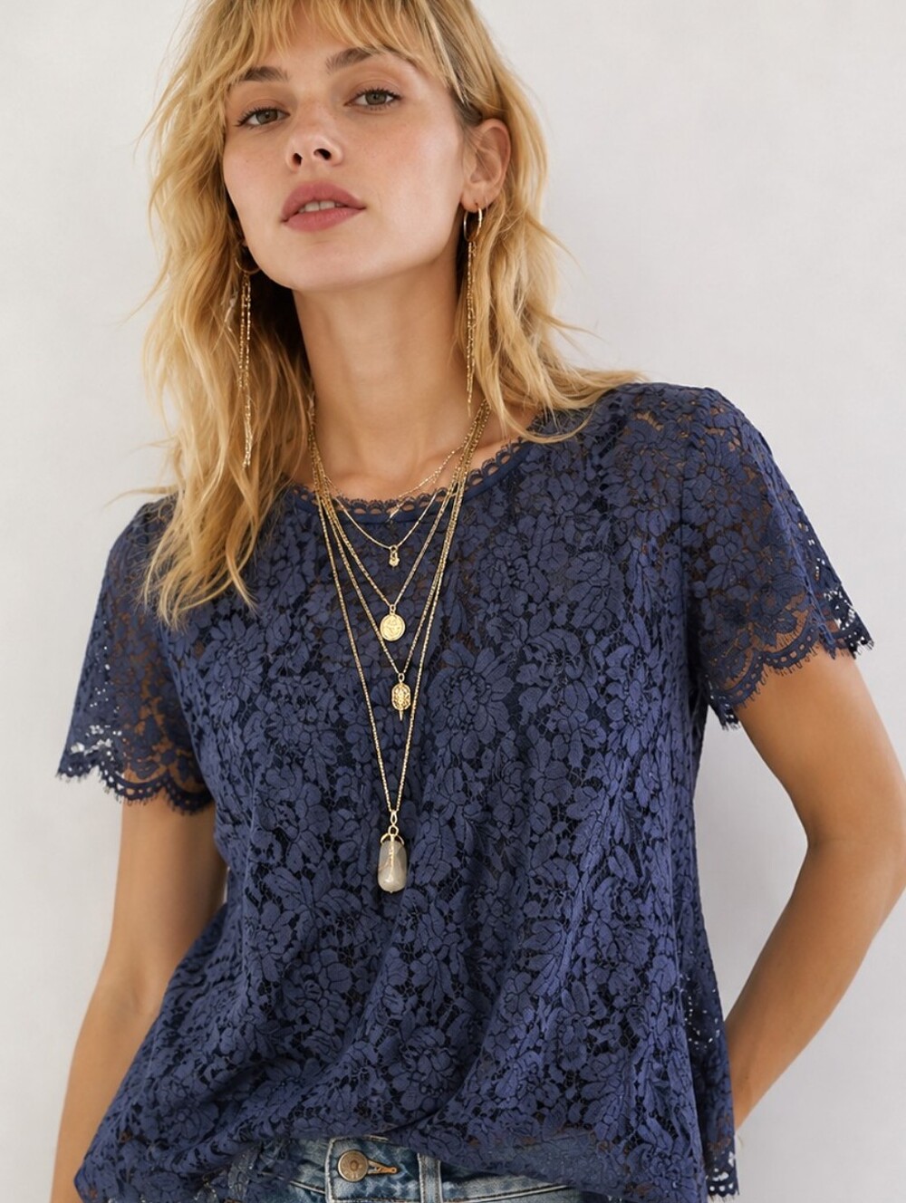 Isaac Mizrahi Lace Boho Navy Blue Romantic top